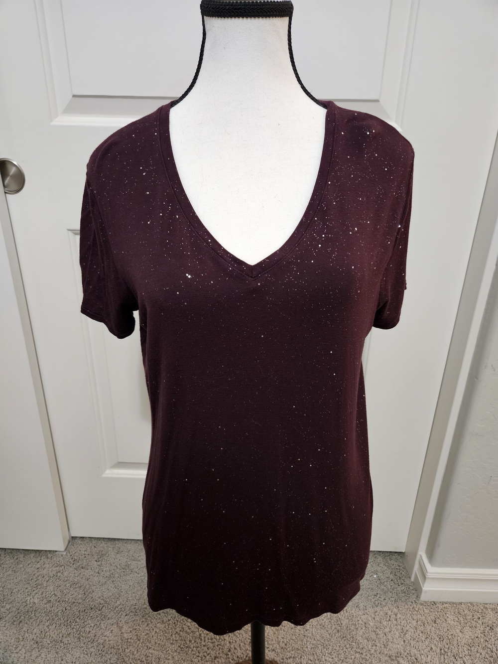 Women’s V-Neck Short Sleeve Tee in Burgundy with Speckle Detail